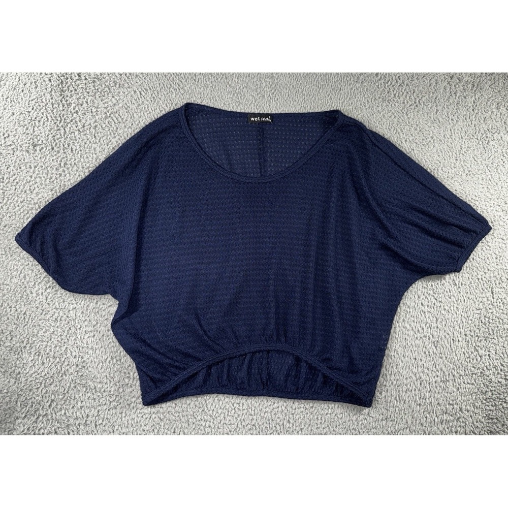 Wet Seal Knit Top Women M Navy Blue Cropped Batwing Dolman Textured Relaxed‎ Y2K